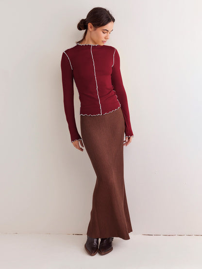 Lettuce Edge Mock Neck Contrast Stitch Long Sleeve Top