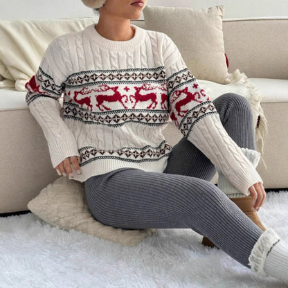 Women's Christmas Reindeer Cable Knit Crewneck Sweater