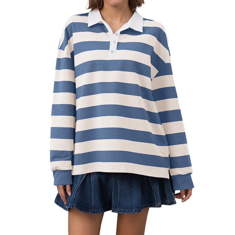 Women's Oversized Striped Polo Shirt Long Sleeve