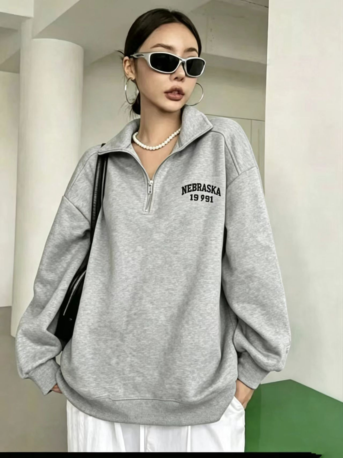 Women's Oversized Half Zip Embroidered Sweatshirt Pullover