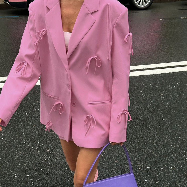 Women's Pink Bow Detail Oversized Casual Blazer