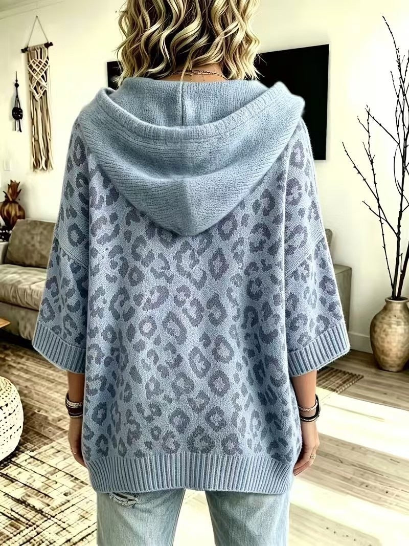 Women's Leopard Print Oversized Hooded Knit Sweater