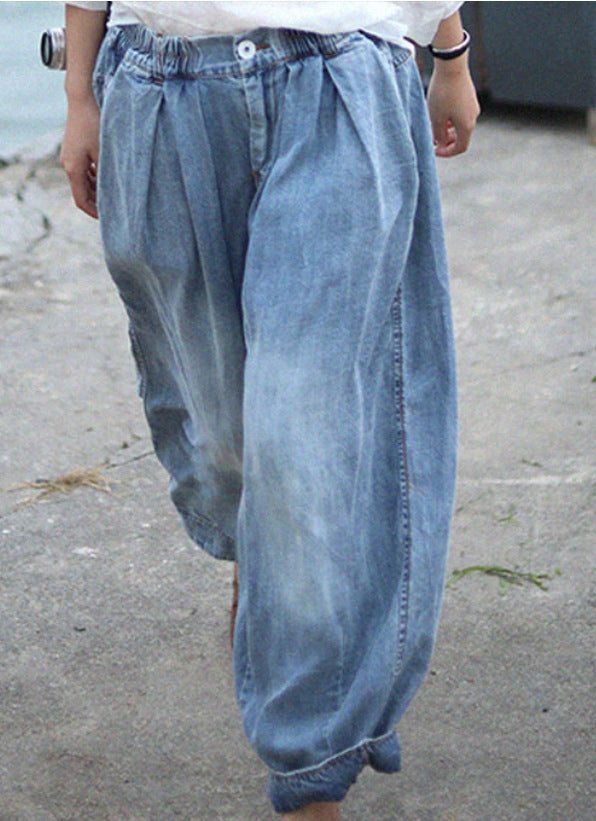 Women's Embroidered Denim Harem Pants Boho Floral Jeans