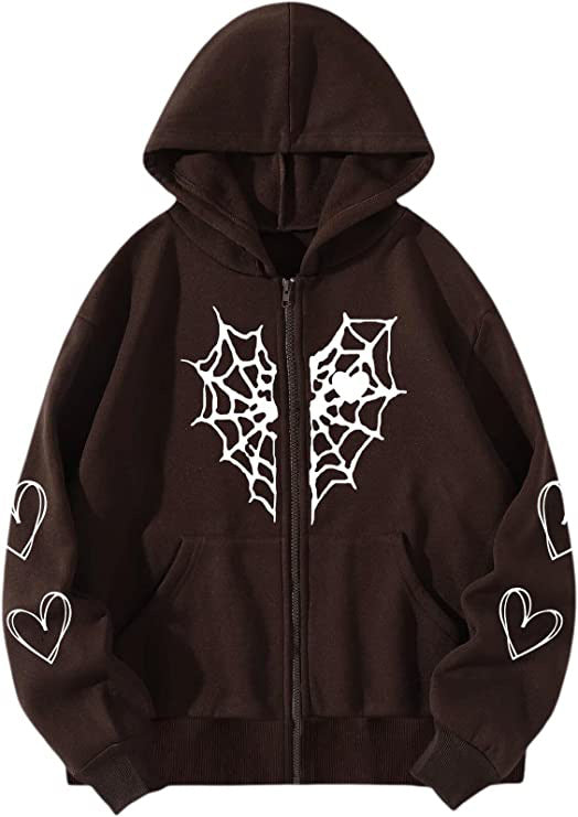 Women's Gothic Spider Web Heart Print Zip Up Hoodie