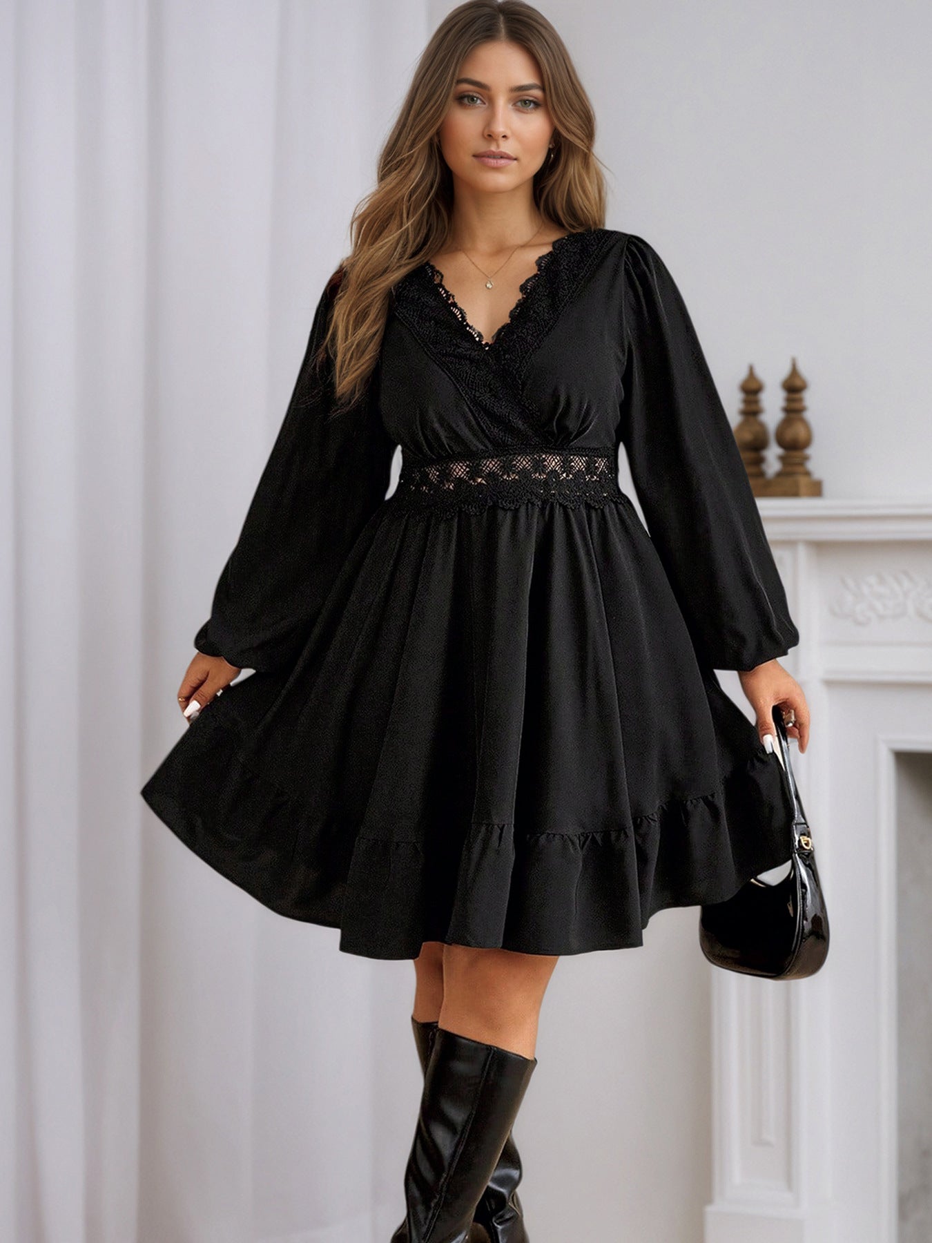 Plus Size Lace Trim V Neck A Line Mini Dress