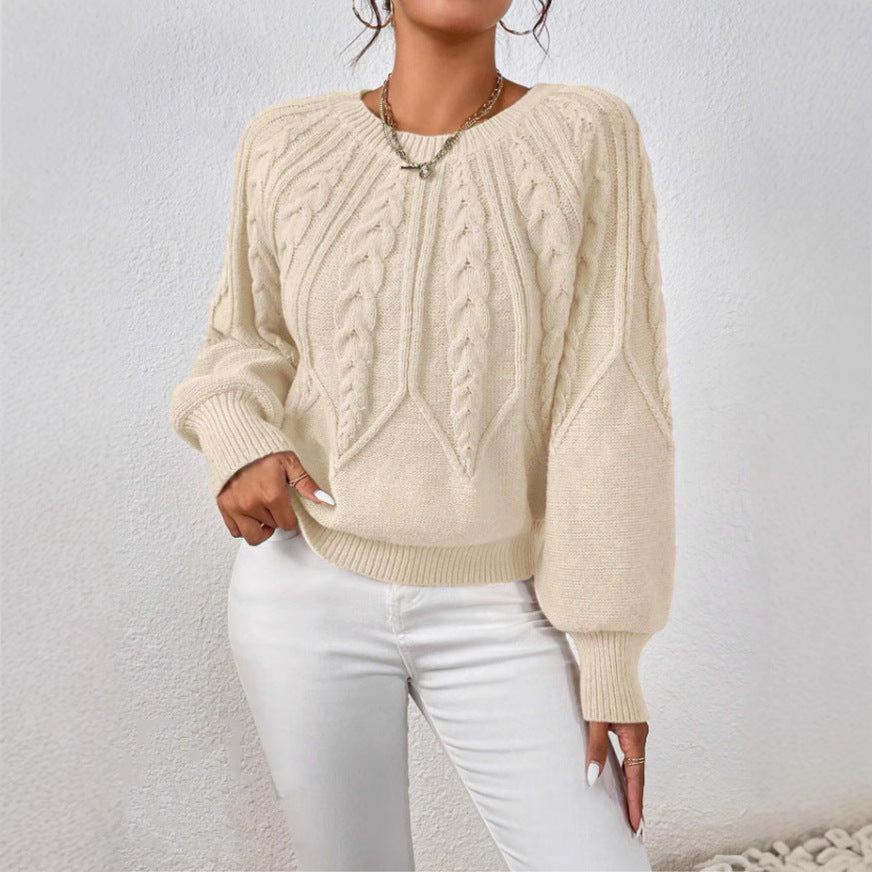 Women's Cable Knit Balloon Sleeve Crew Neck Sweater
