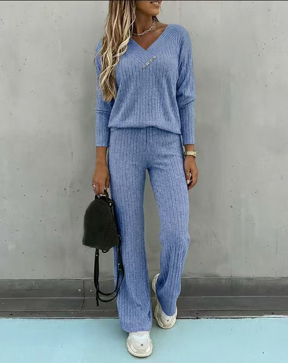 Women's Ribbed V-Neck Button Lounge Pants Set
