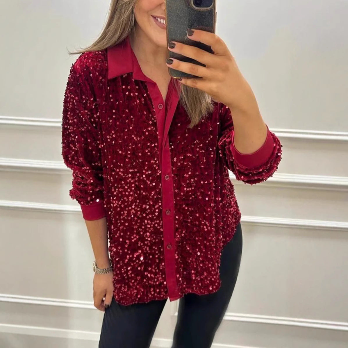 Women's Sequin Long Sleeve Button Down Collared Shirt