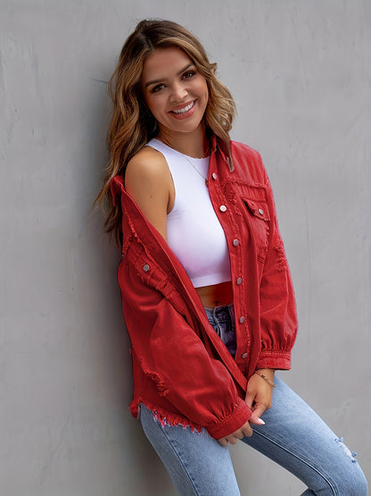 Women's Oversized Denim Jacket Distressed Frayed Hem