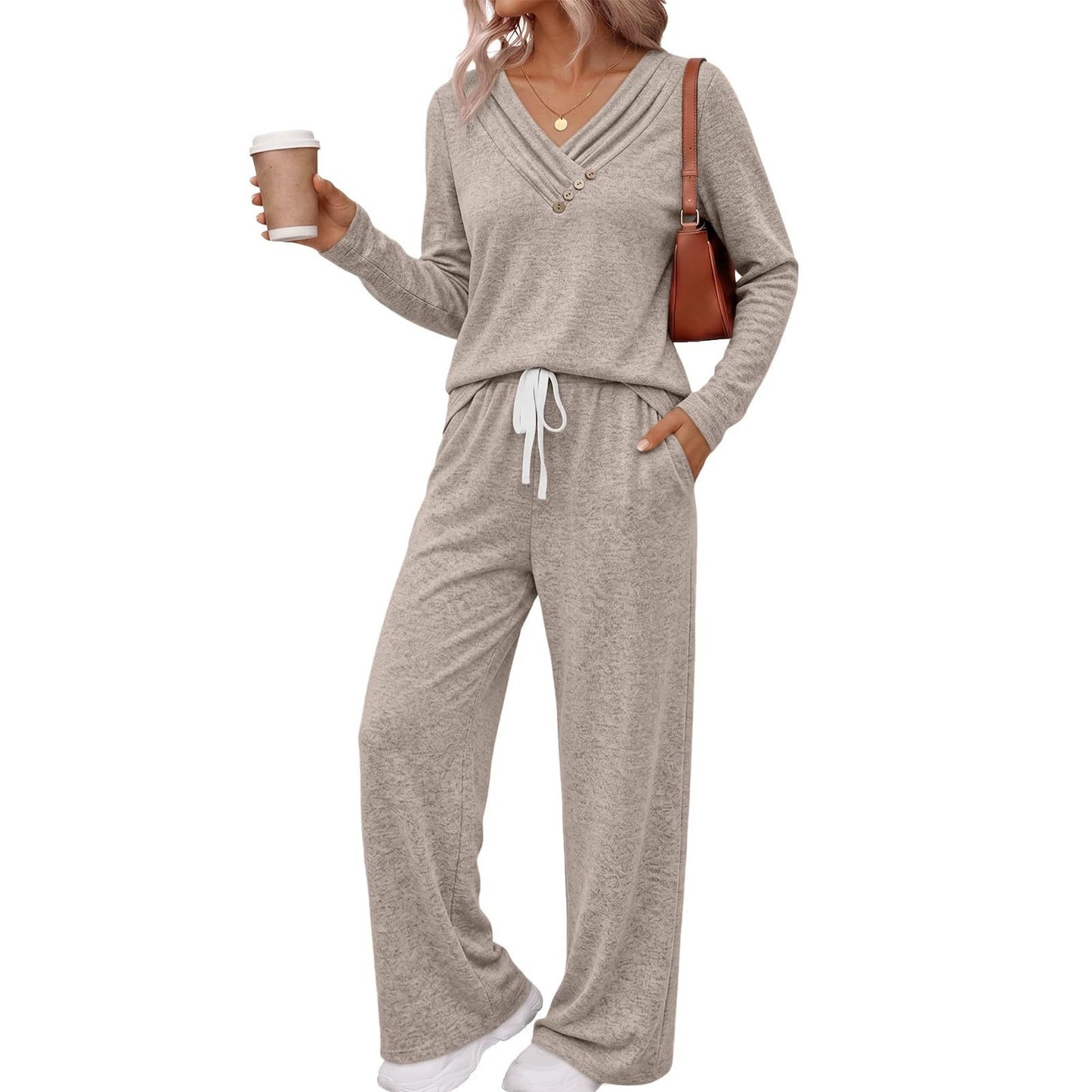 Casual V-Neck Button Top Wide Leg Pants Matching Set