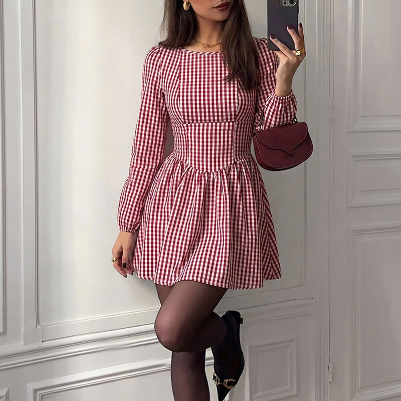 Gingham Bow Back Long Sleeve Christmas Mini Dress