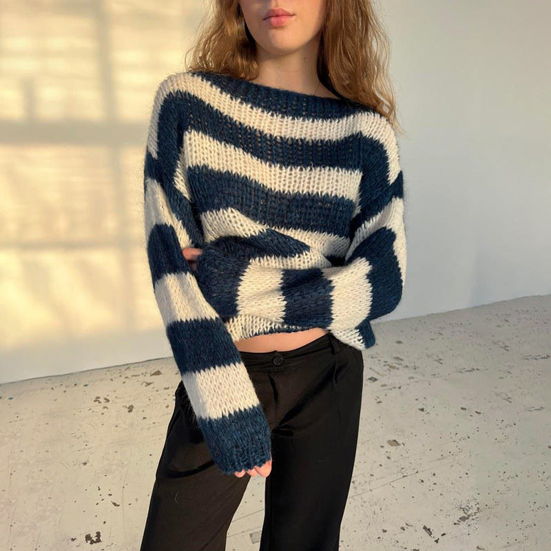 Women's Oversized Striped Chunky Knit Crew Neck Sweater