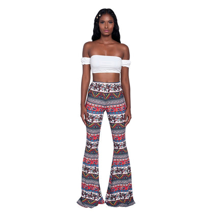 Women's Boho Printed Stretch Flare Pants Bell Bottoms