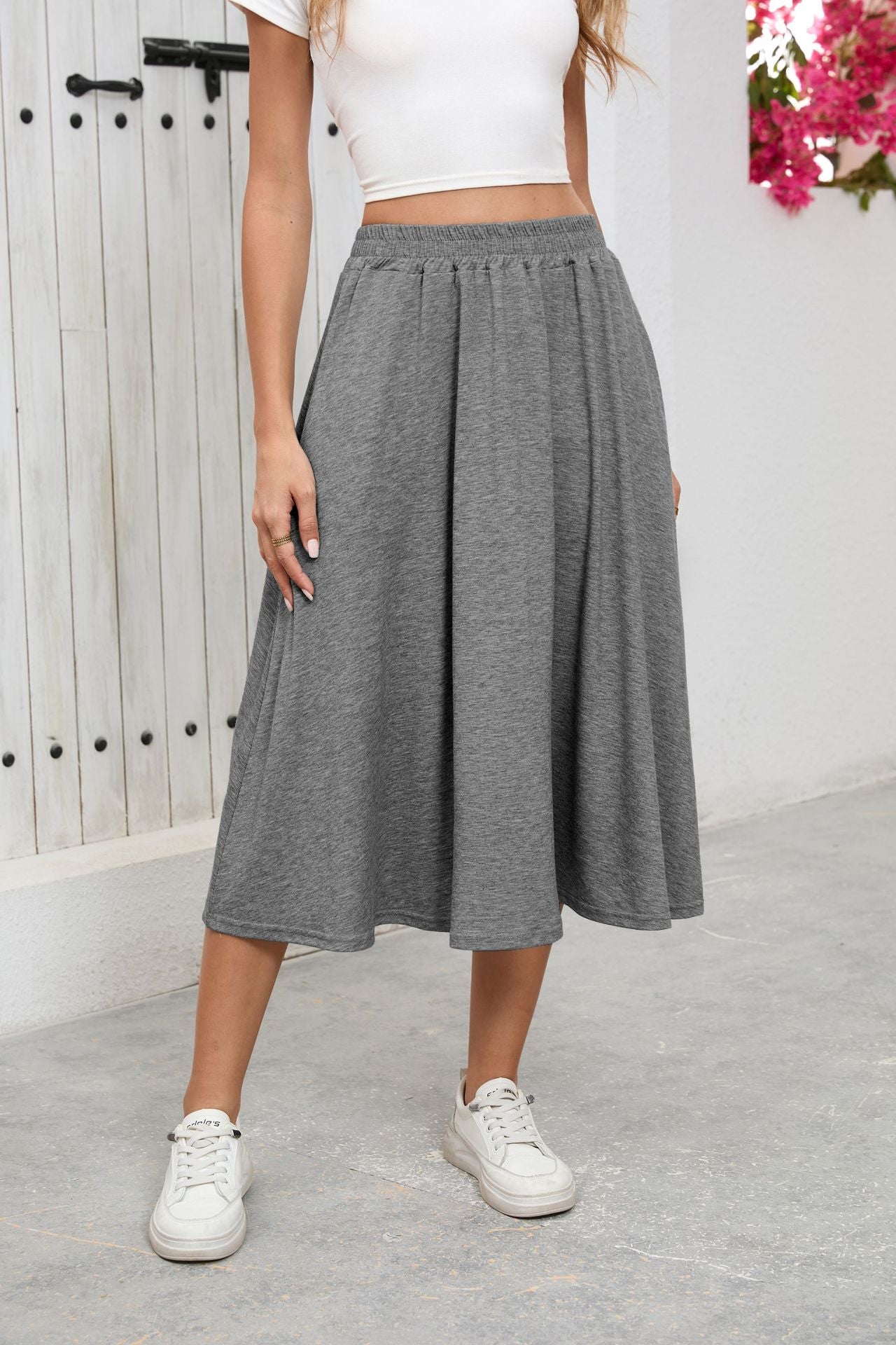 Solid Knit Midi Skirt High Waist A Line Elastic Work