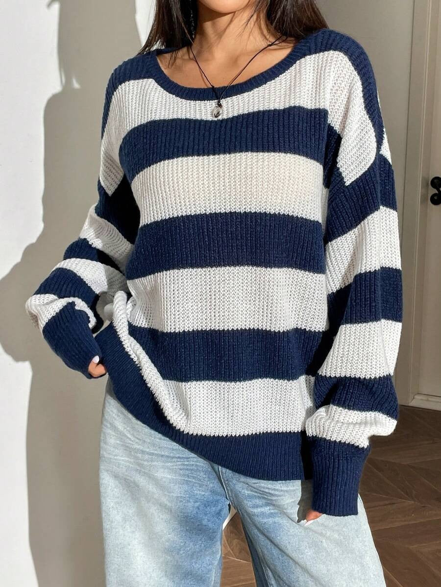 Women's Oversized Striped Crew Neck Casual Sweater