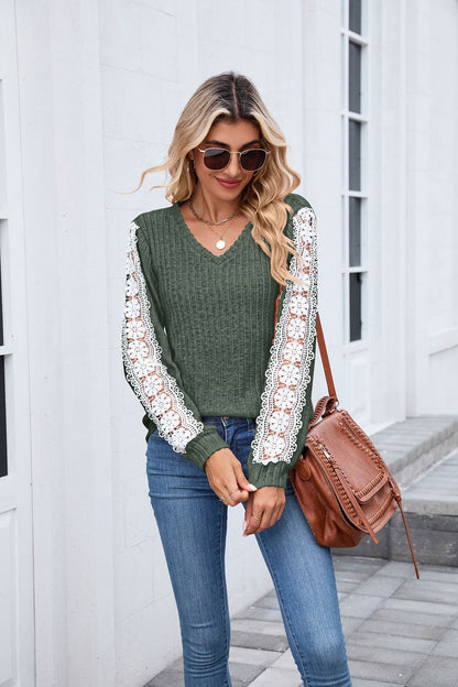 Women's V Neck Lace Long Sleeve Tunic Top