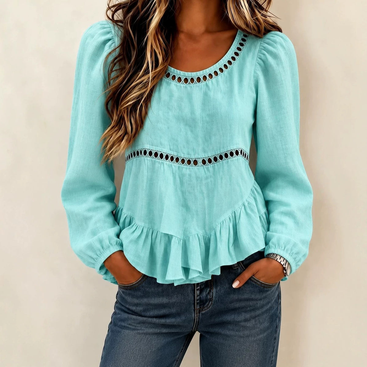 Women's Puff Sleeve Crochet Trim Peplum Cotton Linen Blouse