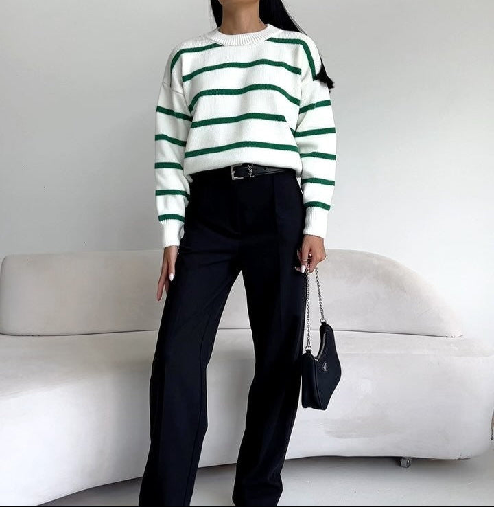 Women's Oversized Striped Crew Neck Pullover Sweater