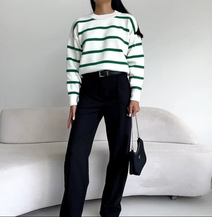 Women's Oversized Striped Crew Neck Pullover Sweater