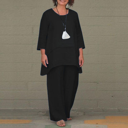 Linen Blend Two Piece Set Wide Leg Pants Plus Size Solid