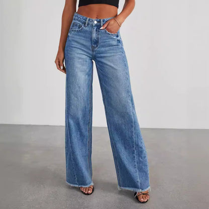 Women's Baggy Wide Leg Jeans Frayed Hem Mid-Rise