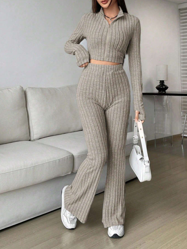 Women's Ribbed Zip-Up Crop Top Flare Pants Two Piece Set