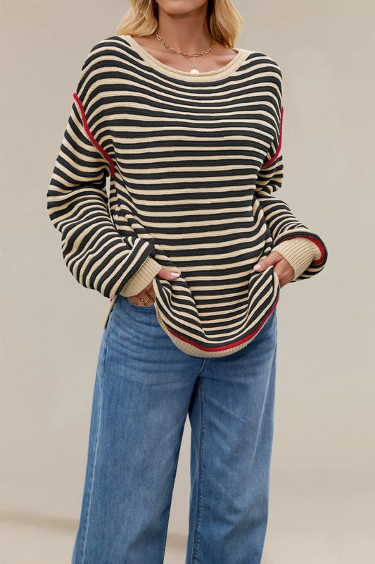 Striped Crewneck Knit Sweater - Loose Fit Pullover Top