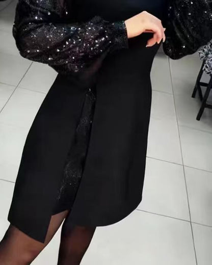 Black Sequin Puff Sleeve Slit A-Line Midi Dress