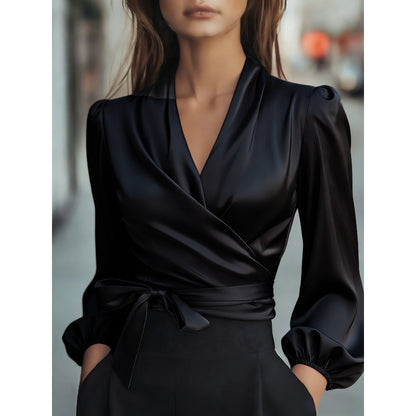 Satin Wrap Blouse V-Neck Tie Waist Puff Sleeve
