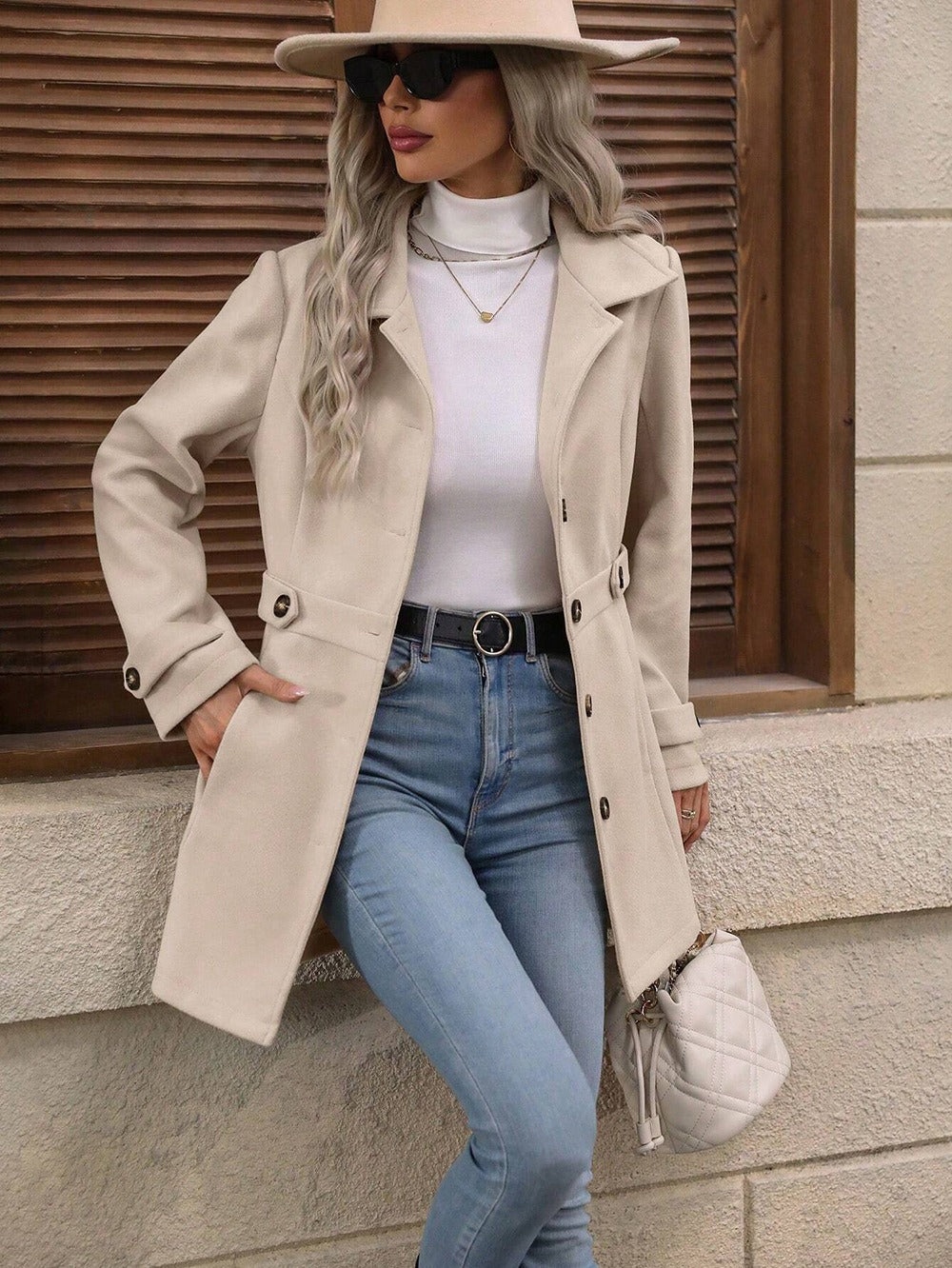 Women's Wool Blend Lapel Coat Slim Fit Mid-Length
