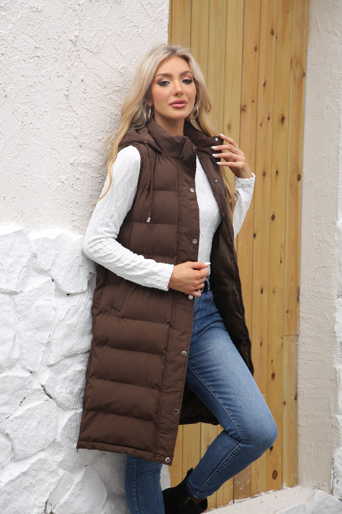 Women's Long Hooded Sleeveless Quilted Puffer Vest