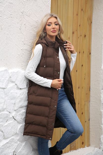 Women's Long Hooded Sleeveless Quilted Puffer Vest
