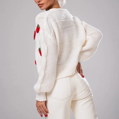 3D Strawberry V-Neck Oversized Knit Cardigan