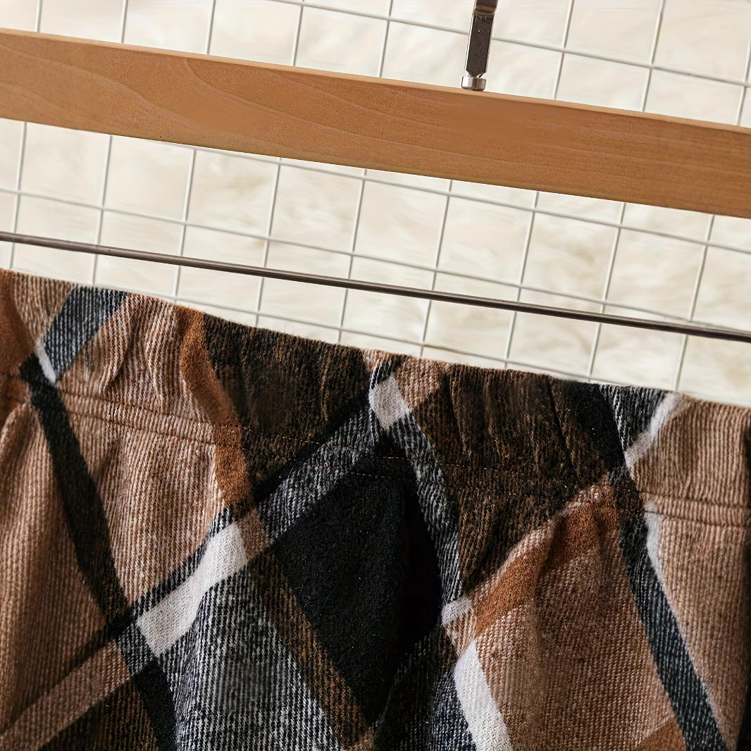 Vintage Plaid High Waist A-Line Midi Skirt Elastic Waist