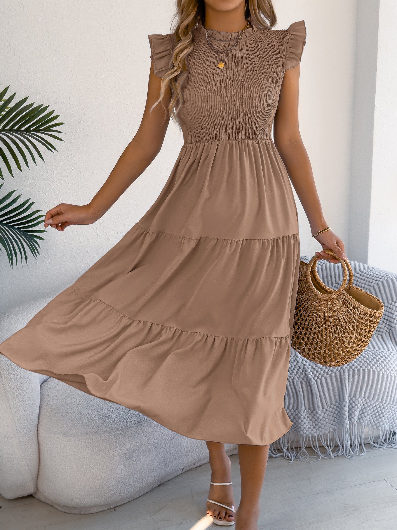Smocked Ruffle Sleeve Tiered Maxi Dress