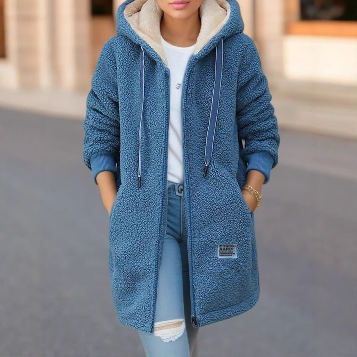 Women's Sherpa Fleece Hooded Zip Up Longline Jacket