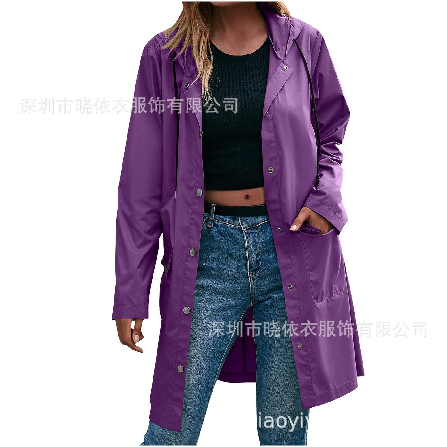 Women's Long Hooded Waterproof Trench Jacket