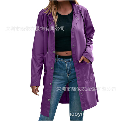 Women's Long Hooded Waterproof Trench Jacket