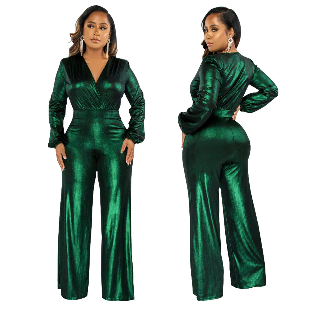 Sexy Metallic V-Neck Long Sleeve Flare Jumpsuit