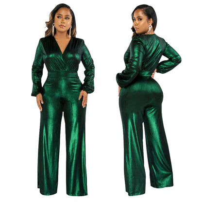 Sexy Metallic V-Neck Long Sleeve Flare Jumpsuit