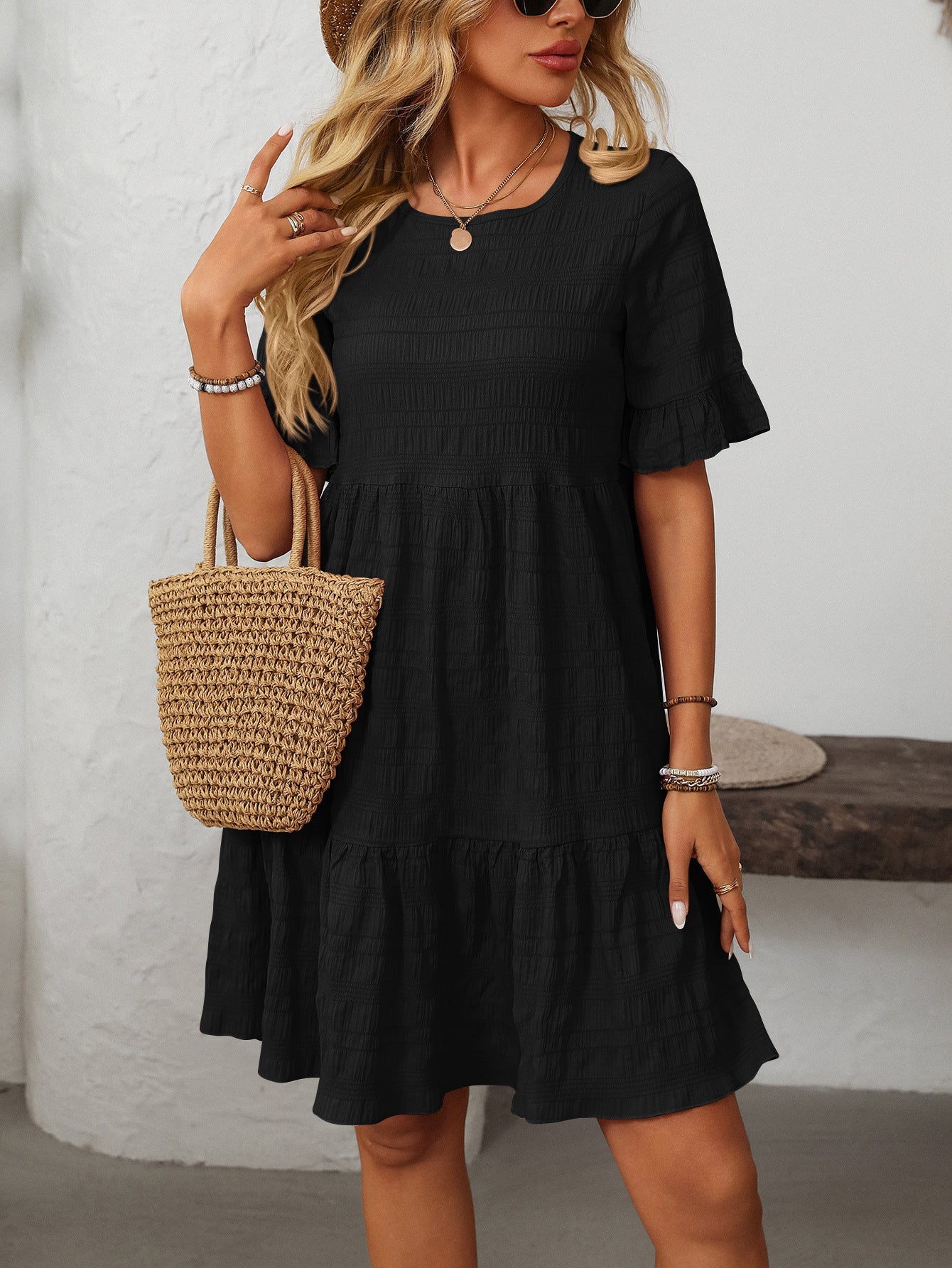 Textured Smocked Short Sleeve Tiered Midi Dress