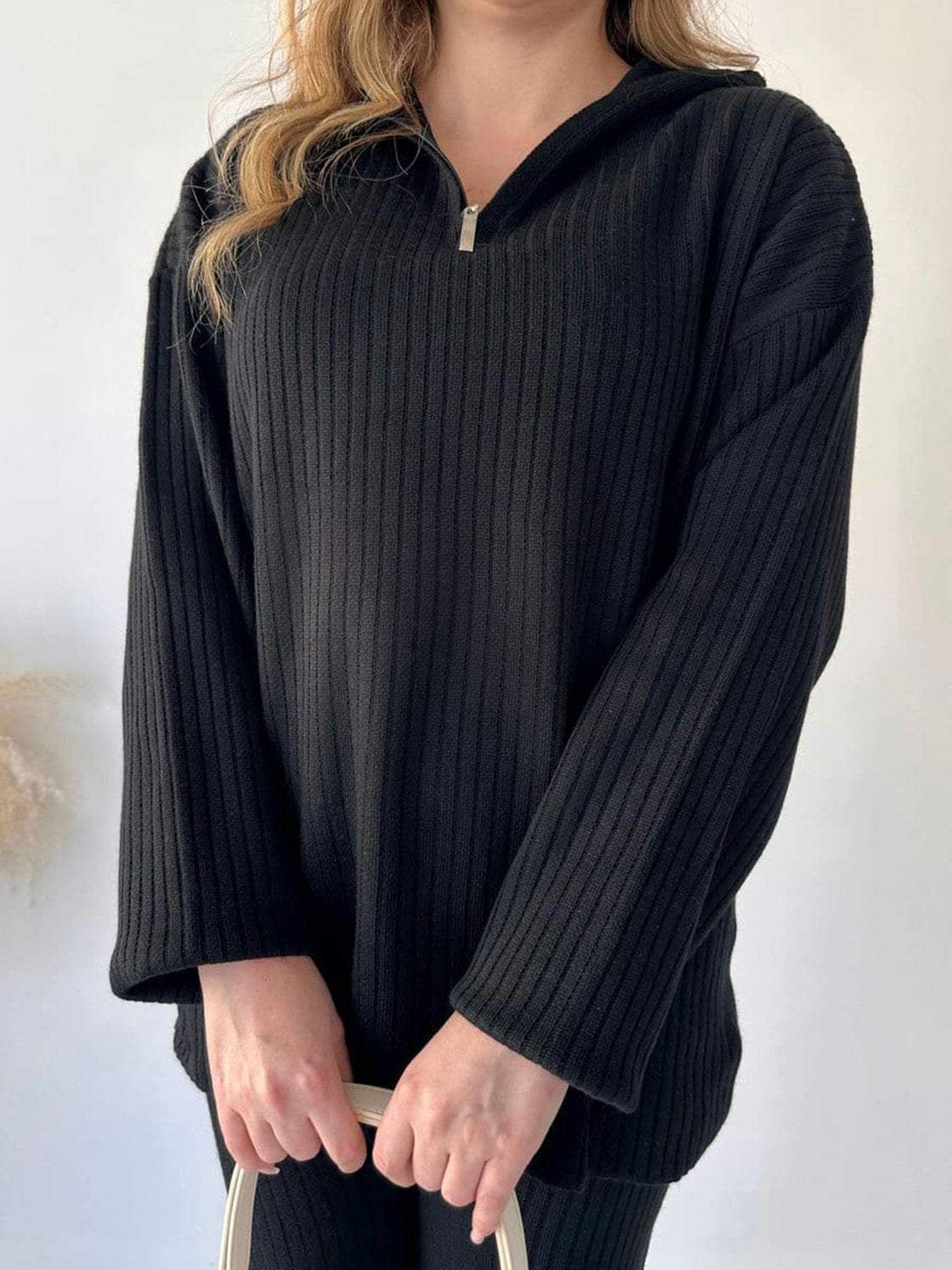 Women's Ribbed Half Zip Knit Lounge Set 2 Piece