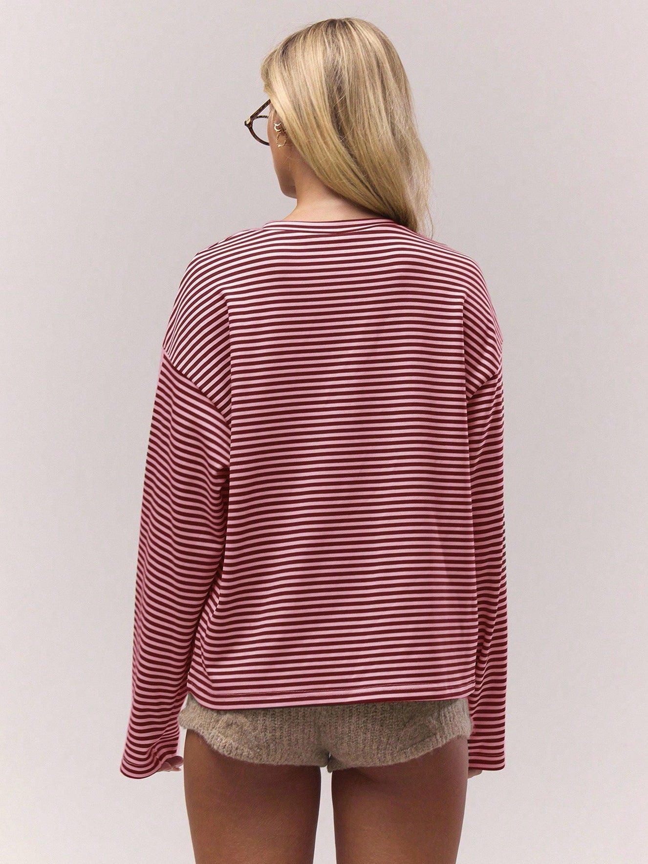 Striped Henley Long Sleeve Oversized Tee Top