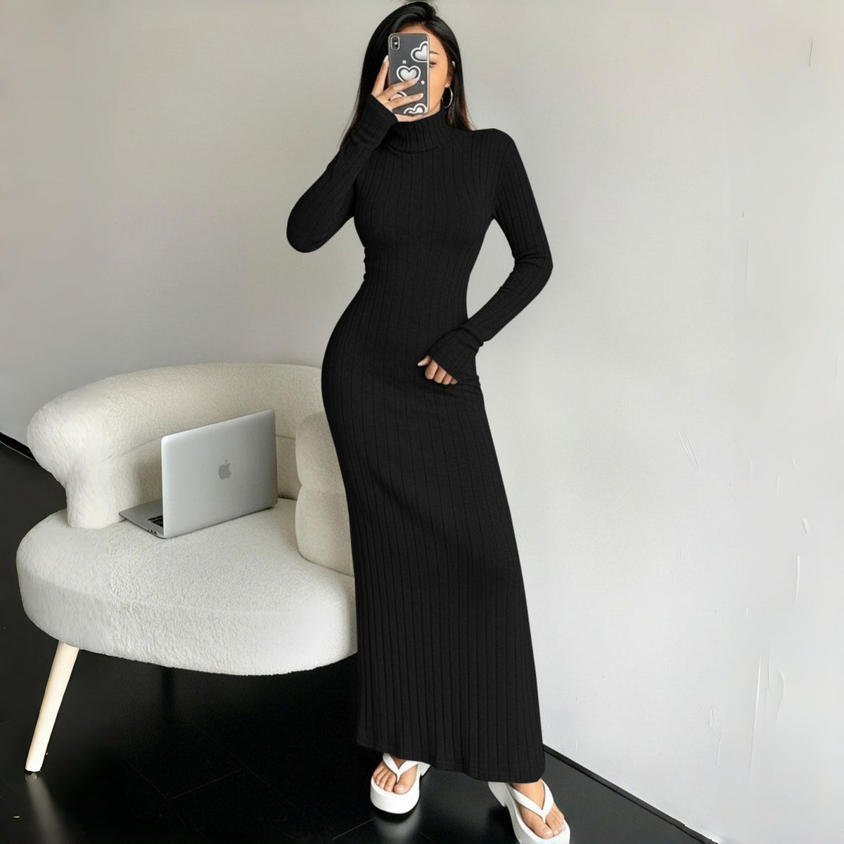 Ribbed Turtleneck Long Sleeve Bodycon Maxi Dress