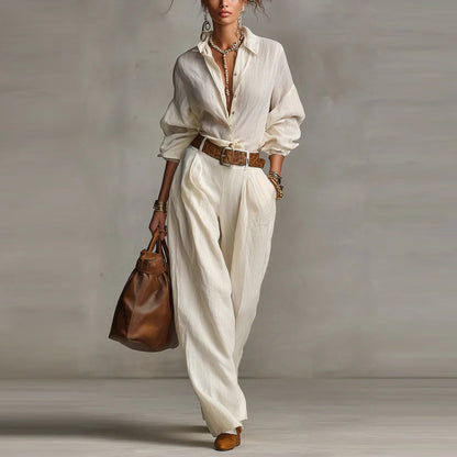 Women Two Piece Button Down Shirt & Pants Set