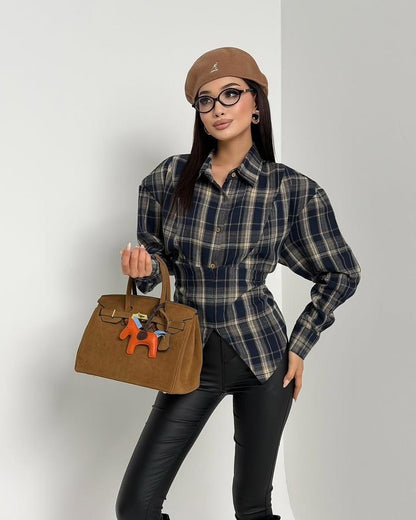 Women's Plaid Cinched Waist Long Sleeve Button-Up Shirt