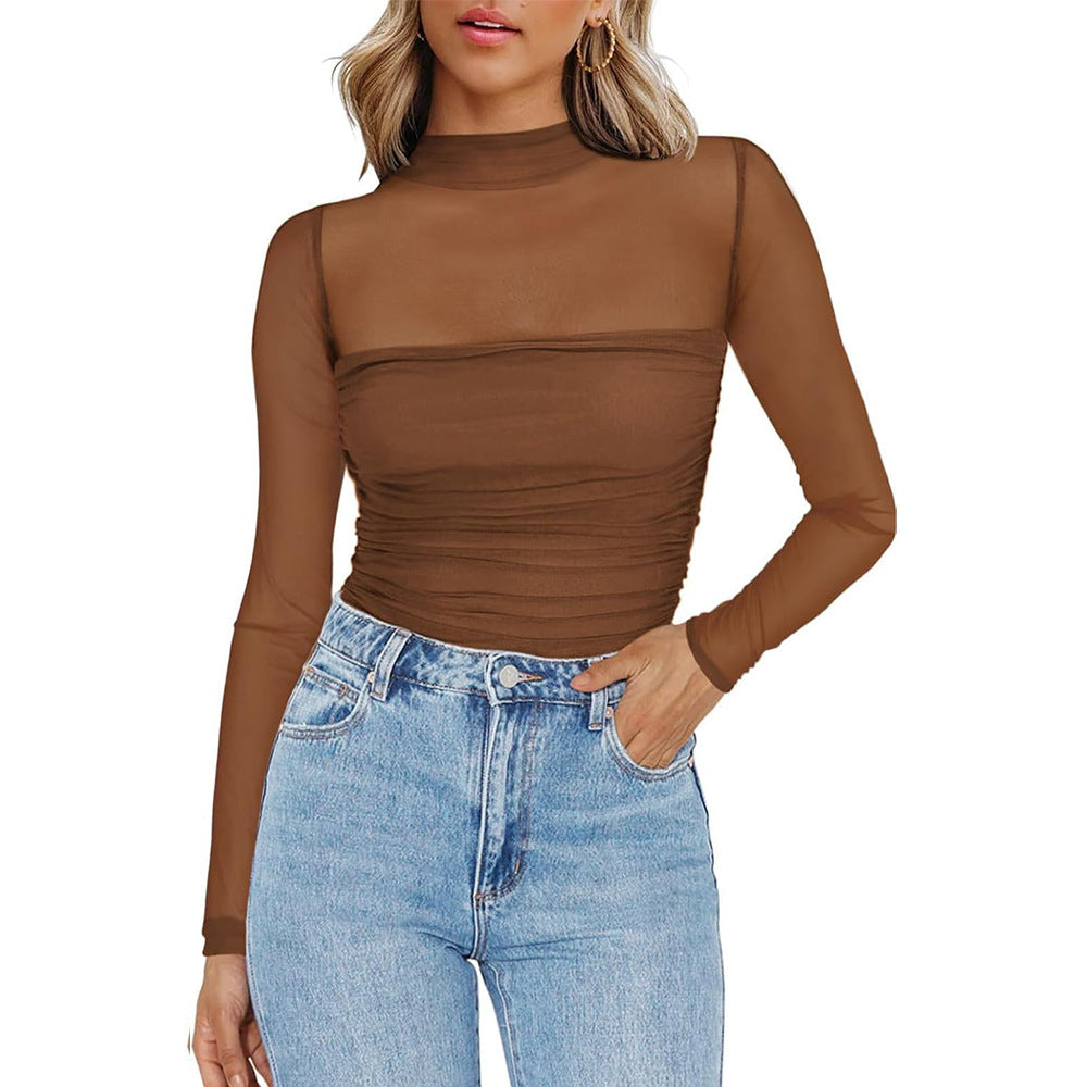 Y2K Mesh Semi-Turtleneck Long Sleeve Sexy T-Shirt