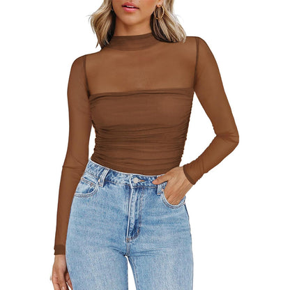 Y2K Mesh Semi-Turtleneck Long Sleeve Sexy T-Shirt