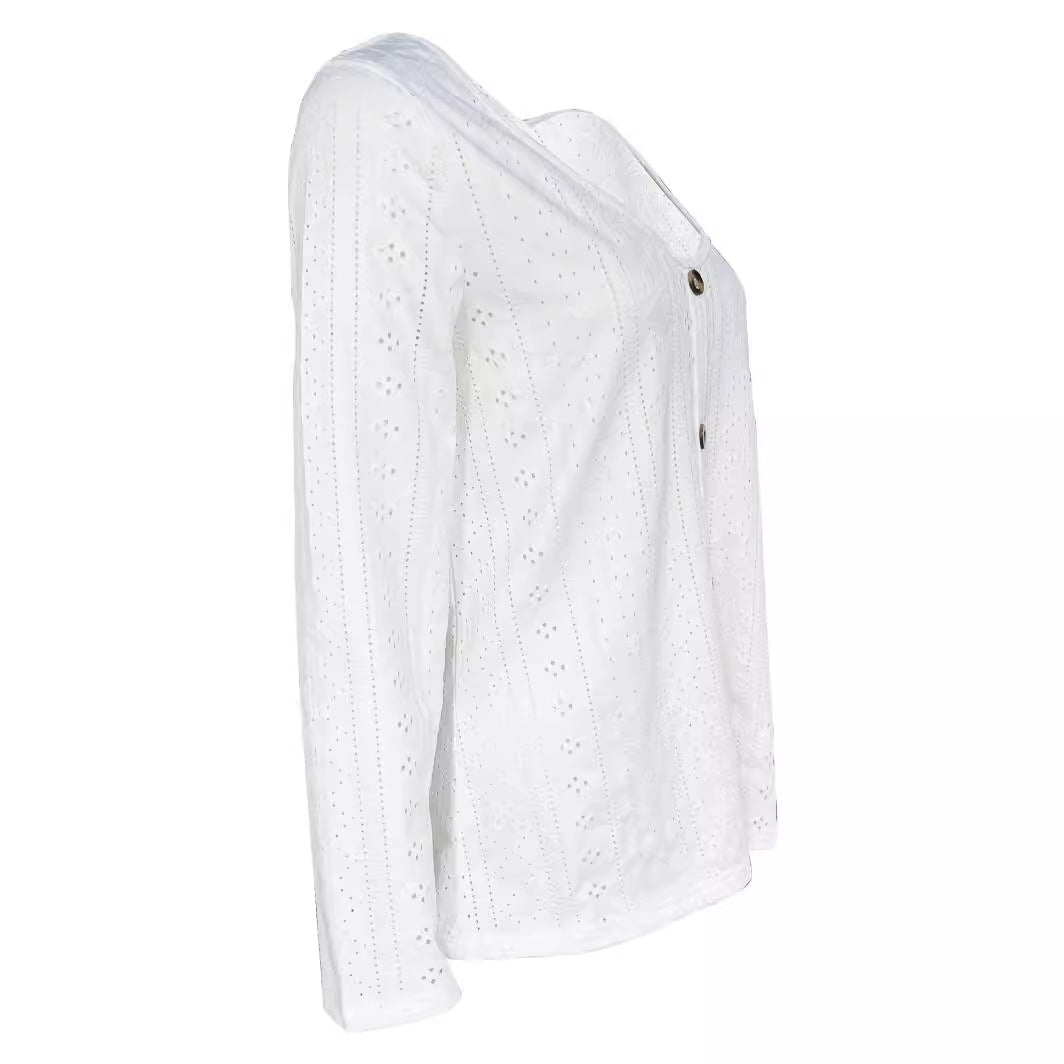 Women's V-Neck Button Jacquard Long Sleeve Top White