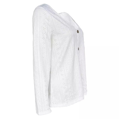 Women's V-Neck Button Jacquard Long Sleeve Top White